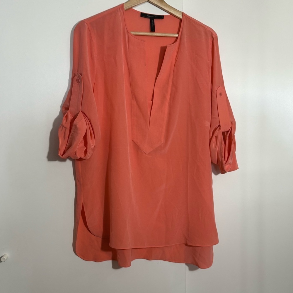 BCBG Maxazria women’s 100% silk Coral Pink foldable long sleeve lightweight top